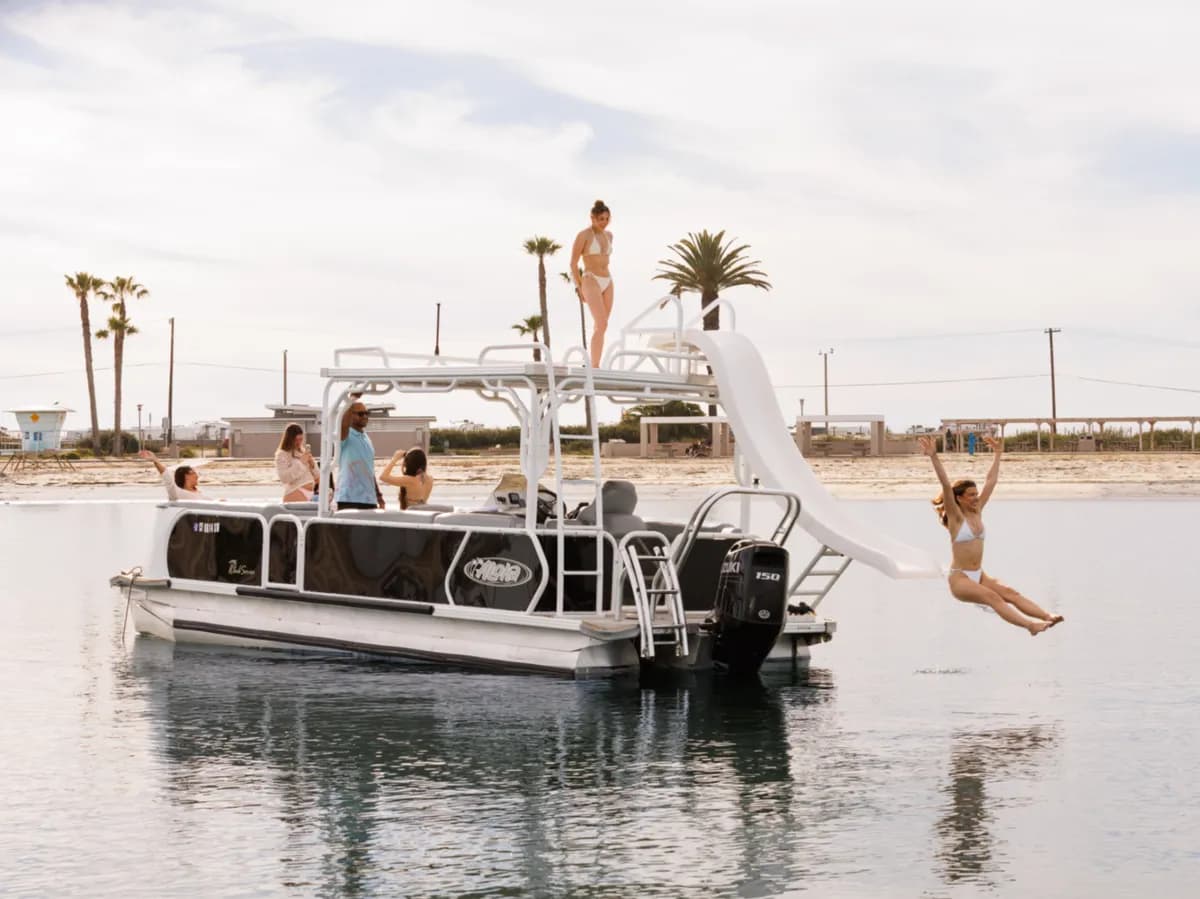 Double-decker pontoon boat charter with slide on San Diego Bay